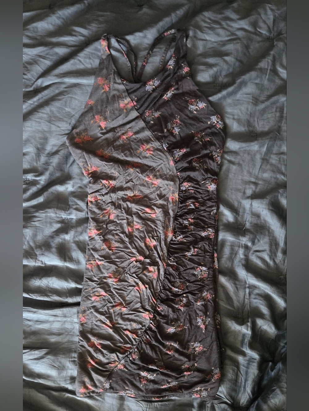 Free People Floral Ruched Bodycon Dress - Black Gray with Pink Floral Print